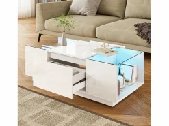Mesa de centro blanca - Mesa de centro con iluminación LED y 2 cajones - tapa de cristal Blanco Discount