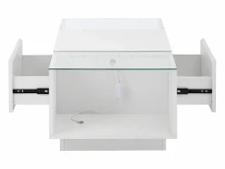 Mesa de centro blanca - Mesa de centro con iluminación LED y 2 cajones - tapa de cristal Blanco Discount