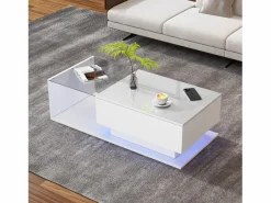 OKWISH Mesa De Centro|Mesa de centro blanca de 100 x 50 cm con LED, cajón y tablero de cristal - para salón y oficina