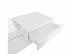 OKWISH Mesa De Centro|Mesa de centro blanca de 100 x 50 cm con LED, cajón y tablero de cristal - para salón y oficina