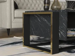 Vente-unique Mesa de centro con 1 estante - Efecto mármol y dorado - COMEBI Negro Outlet