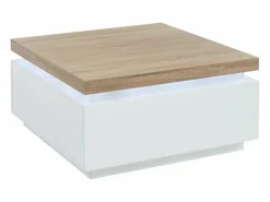 Vente-unique Mesa De Centro|Mesa de centro con LEDs - 2 cajones - MDF lacado - Blanco y roble. HALO II