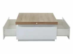 Vente-unique Mesa De Centro|Mesa de centro con LEDs - 2 cajones - MDF lacado - Blanco y roble. HALO II