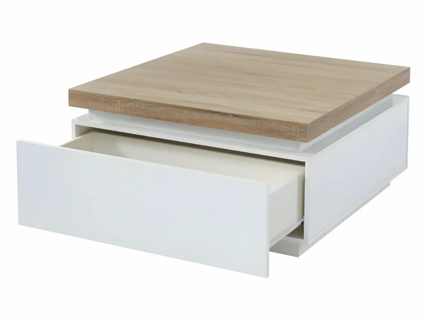 Vente-unique Mesa De Centro|Mesa de centro con LEDs - 2 cajones - MDF lacado - Blanco y roble. HALO II