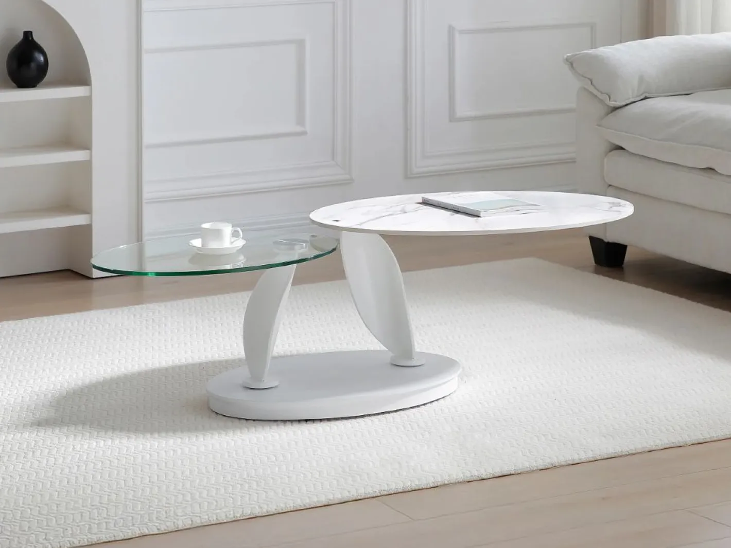 Mesa de centro con tableros pivotantes de cerámica, vidrio templado y metal - Blanco - MANEYA^Maison Céphy Outlet