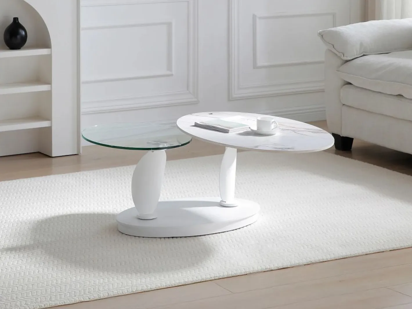 Mesa de centro con tableros pivotantes de cerámica, vidrio templado y metal - Blanco - MANEYA^Maison Céphy Outlet
