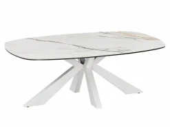 Maison Céphy Mesa de centro de cristal templado, cerámica y metal - Efecto mármol - DERIYA Blanco Outlet