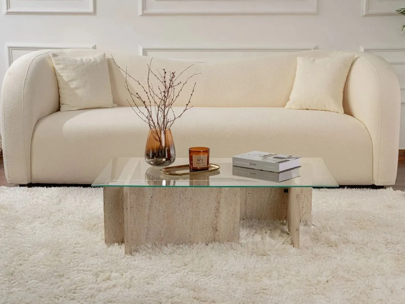 Vente-unique Mesa de centro de cristal templado - Efecto travertino beige y transparente - AZRA Transparente / Beige Outlet