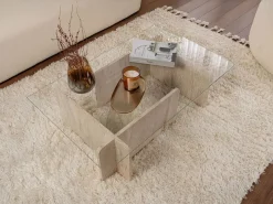 Vente-unique Mesa de centro de cristal templado - Efecto travertino beige y transparente - AZRA Transparente / Beige Outlet
