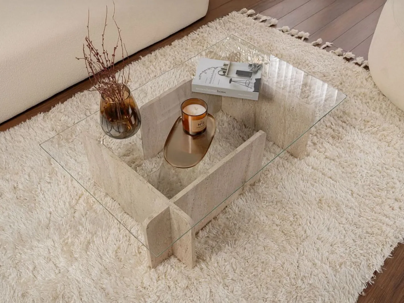 Vente-unique Mesa de centro de cristal templado - Efecto travertino beige y transparente - AZRA Transparente / Beige Outlet