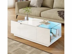 Mesa de centro moderna - 105 x 50 x 35 cm - con 2 cajones + LED - tablero de cristal - aglomerado -^Merax Online