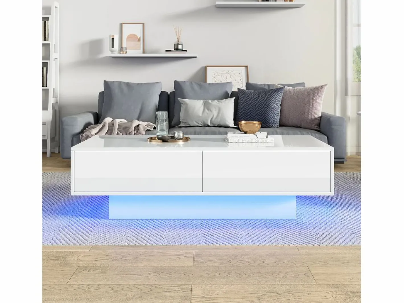 Merax Mesa de centro moderna brillante con 2 cajones - 115 x 55 x 34 cm - LED - Tablero de partículas - Negro Online
