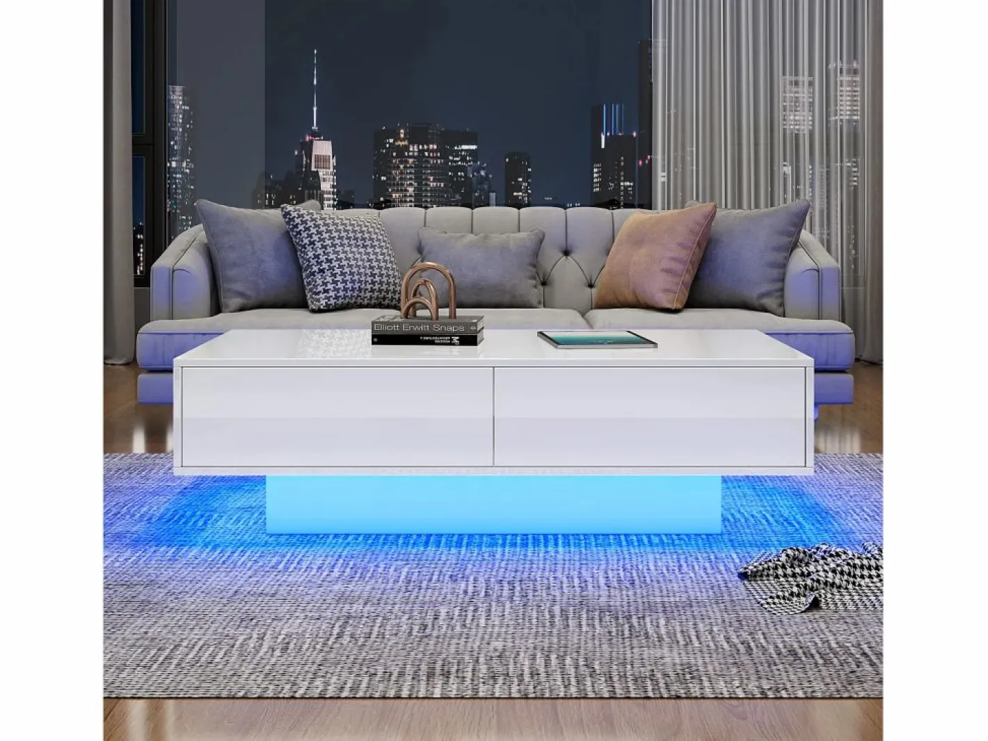Merax Mesa de centro moderna brillante con 2 cajones - 115 x 55 x 34 cm - LED - Tablero de partículas - Negro Online
