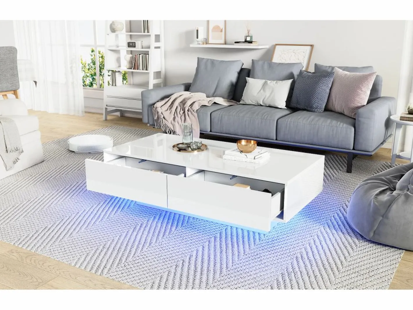 Merax Mesa de centro moderna brillante con 2 cajones - 115 x 55 x 34 cm - LED - Tablero de partículas - Negro Online