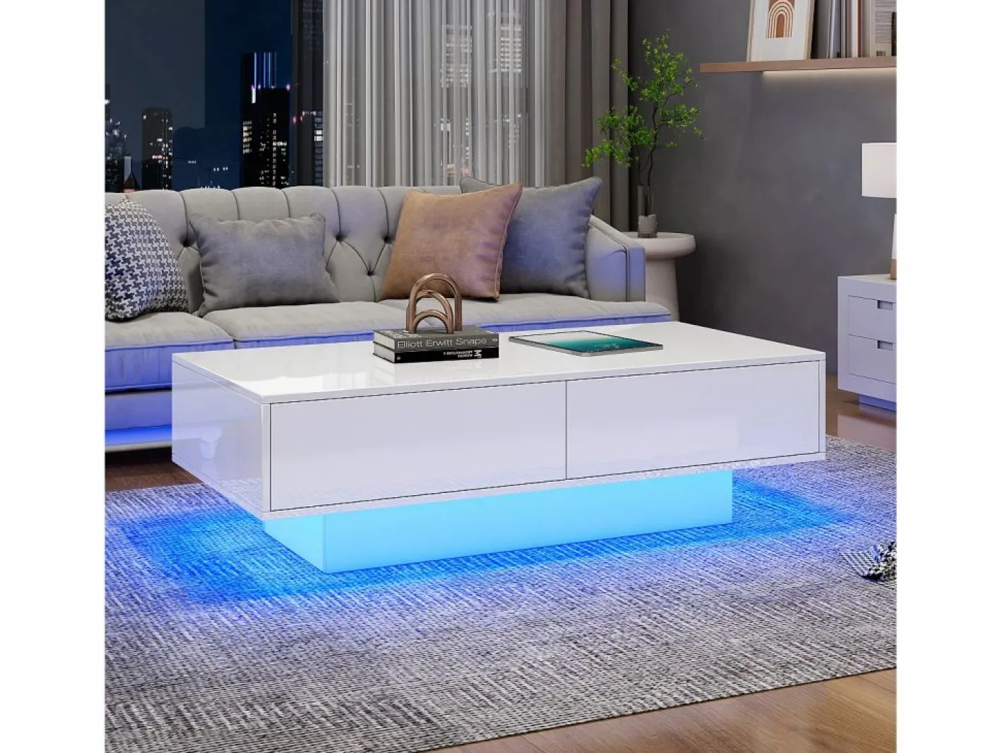Merax Mesa de centro moderna brillante con 2 cajones - 115 x 55 x 34 cm - LED - Tablero de partículas - Negro Online
