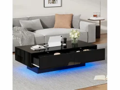 Hauss Spole Mesa de centro moderna lacada de alto brillo con iluminación LED y 2 cajones - Negro Sale