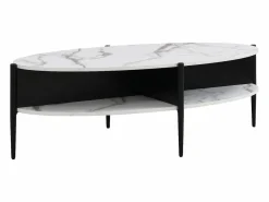 Vente-unique Mesa De Centro|Mesa de centro ovalada con 4 estantes de MDF y metal - Efecto mármol blanco y negro - EVARO