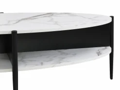 Vente-unique Mesa De Centro|Mesa de centro ovalada con 4 estantes de MDF y metal - Efecto mármol blanco y negro - EVARO