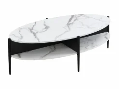 Vente-unique Mesa De Centro|Mesa de centro ovalada con 4 estantes de MDF y metal - Efecto mármol blanco y negro - EVARO