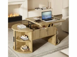 ModernLuxe Mesa De Centro|Mesa de centro ovalada elevable 100x50x40,5 cm - Estantes abiertos y almacenamiento oculto - 2 puertas correderas - MDF - Natural