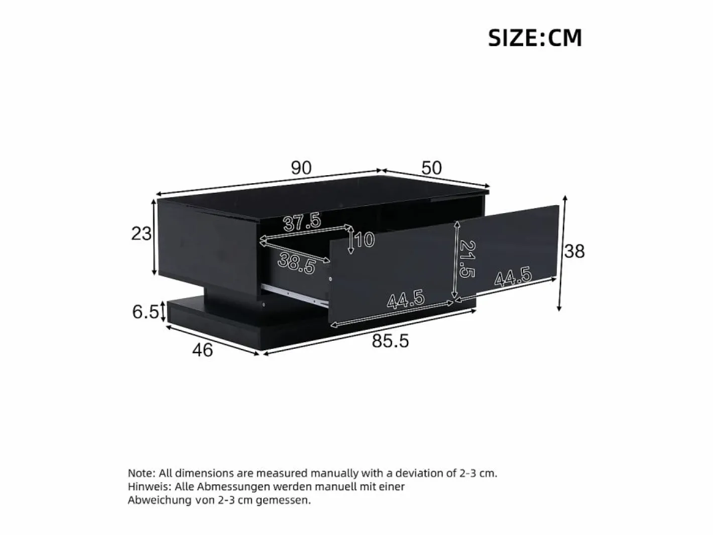 Hauss Spole Mesa De Centro|Mesa de centro rectangular 90x50x38cm con 2 cajones, LED incluido, cuerpo en lacado brillo