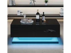 Hauss Spole Mesa De Centro|Mesa de centro rectangular 90x50x38cm con 2 cajones, LED incluido, cuerpo en lacado brillo