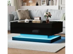 Hauss Spole Mesa De Centro|Mesa de centro rectangular 90x50x38cm con 2 cajones, LED incluido, cuerpo en lacado brillo