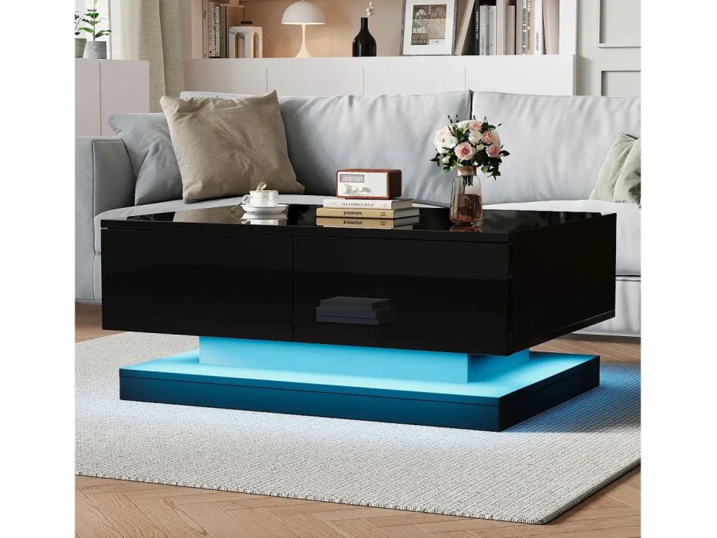 Hauss Spole Mesa De Centro|Mesa de centro rectangular 90x50x38cm con 2 cajones, LED incluido, cuerpo en lacado brillo