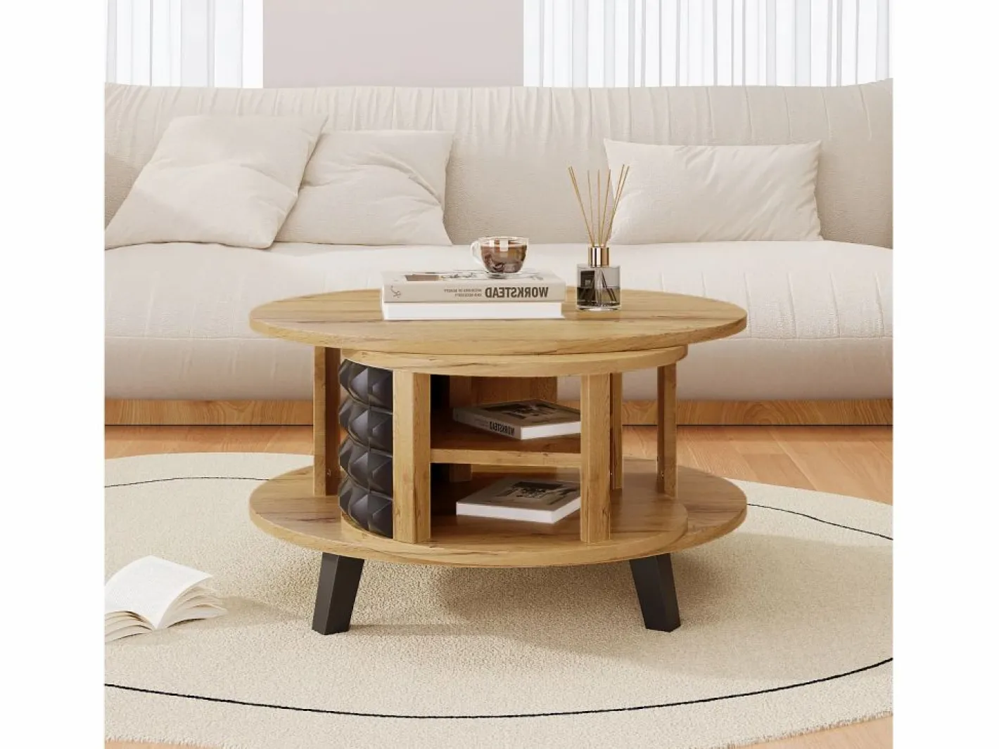 Merax Mesa De Centro|Mesa de centro redonda con estantes de almacenamiento giratorios - 85,2 x 80 x 45,2 cm - Tablero de partículas - Natural +