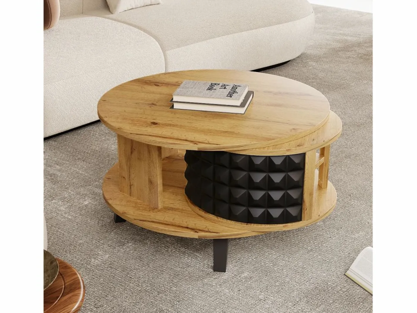 Merax Mesa De Centro|Mesa de centro redonda con estantes de almacenamiento giratorios - 85,2 x 80 x 45,2 cm - Tablero de partículas - Natural +