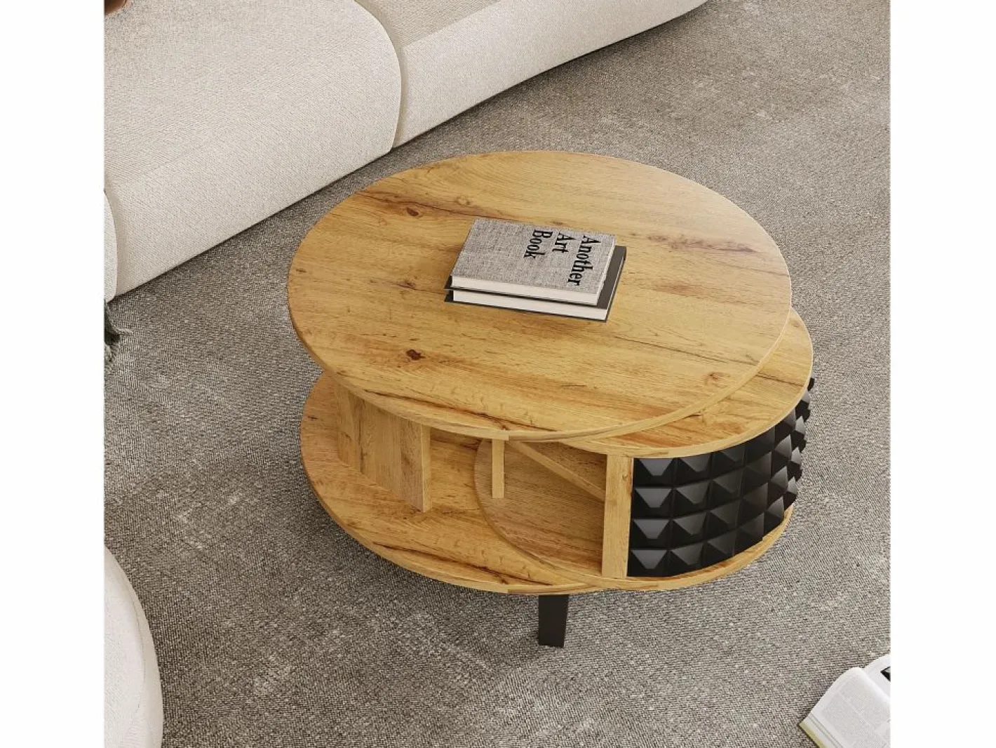 Merax Mesa De Centro|Mesa de centro redonda con estantes de almacenamiento giratorios - 85,2 x 80 x 45,2 cm - Tablero de partículas - Natural +
