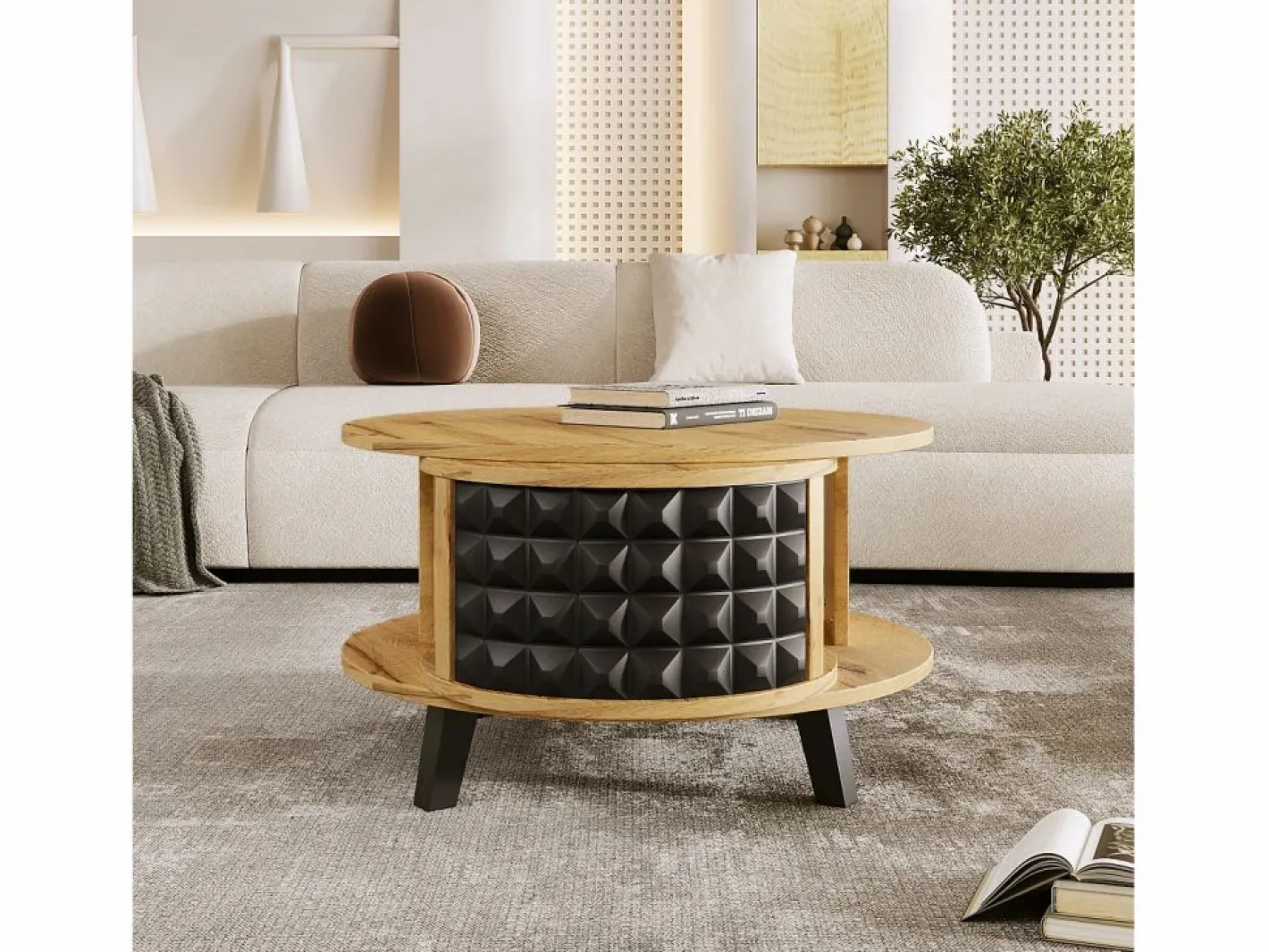 Merax Mesa De Centro|Mesa de centro redonda con estantes de almacenamiento giratorios - 85,2 x 80 x 45,2 cm - Tablero de partículas - Natural +