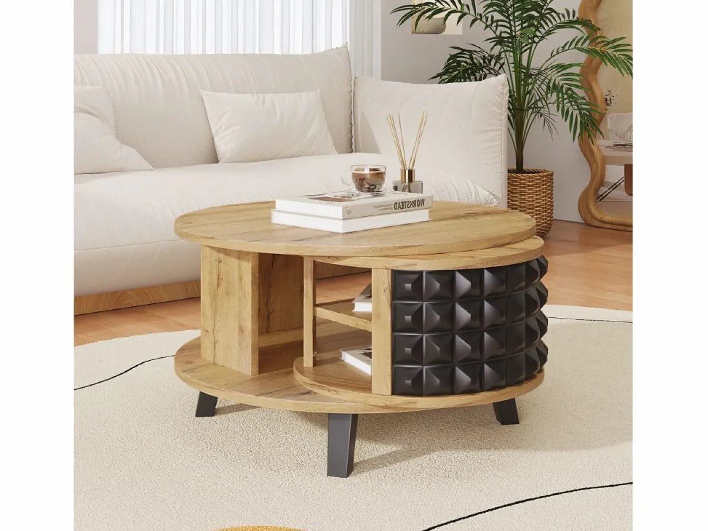 Merax Mesa De Centro|Mesa de centro redonda con estantes de almacenamiento giratorios - 85,2 x 80 x 45,2 cm - Tablero de partículas - Natural +