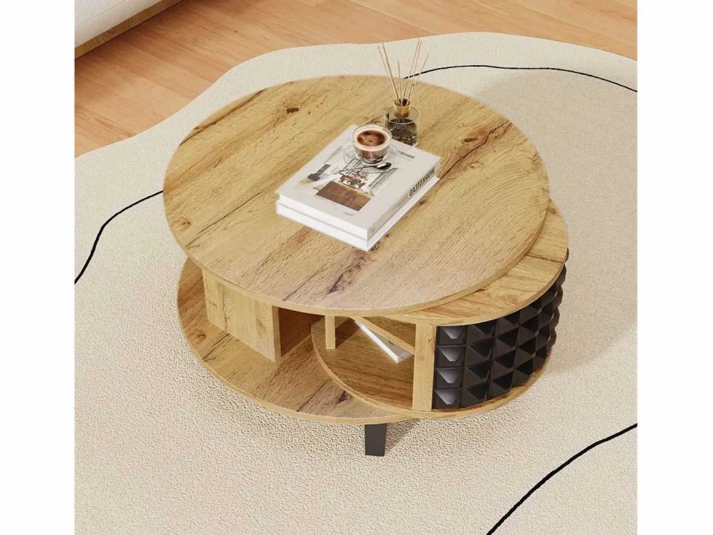 Merax Mesa De Centro|Mesa de centro redonda con estantes de almacenamiento giratorios - 85,2 x 80 x 45,2 cm - Tablero de partículas - Natural +