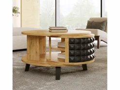Merax Mesa De Centro|Mesa de centro redonda con estantes de almacenamiento giratorios - 85,2 x 80 x 45,2 cm - Tablero de partículas - Natural +