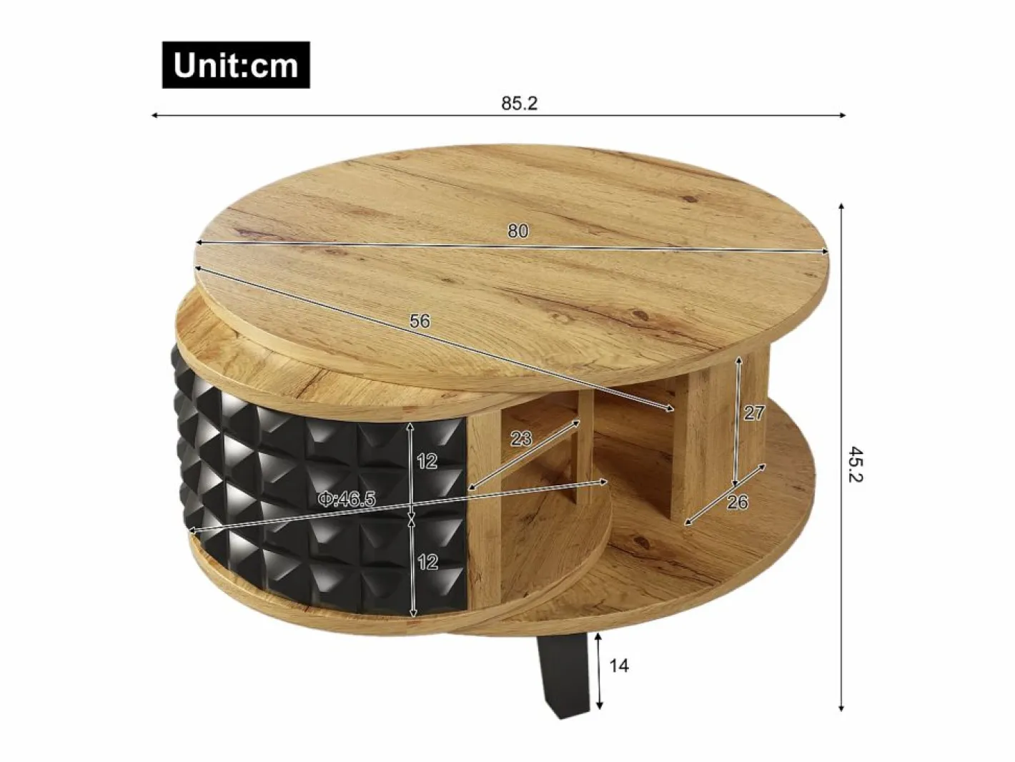 Merax Mesa De Centro|Mesa de centro redonda con estantes de almacenamiento giratorios - 85,2 x 80 x 45,2 cm - Tablero de partículas - Natural +