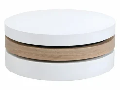 Vente-unique Mesa de centro redonda y pivotante - 3 tableros - MDF - Color: blanco y roble. JANITA Color natural claro / Blanco Hot