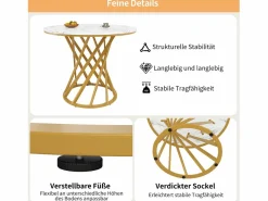 Mesa de comedor de 4 plazas - 80 x 80 x 76 cm - mesa redonda con patas de metal dorado - tablero de MDF jaspeado - MDF + metal -^Merax Hot