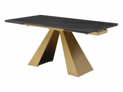 Maison Céphy Mesa de comedor de cristal templado, cerámica y metal - Efecto mármol negro y dorado - LOZIPA Negro / Dorado
