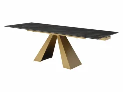 Maison Céphy Mesa de comedor de cristal templado, cerámica y metal - Efecto mármol negro y dorado - LOZIPA Negro / Dorado