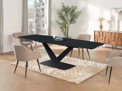 Maison Céphy Mesa de comedor de cristal templado, cerámica y metal - Efecto mármol - MALATA Negro Discount