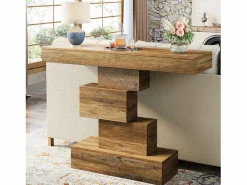 Mesa de comedor de granja de 108 cm, mesa de salón estrecha de madera detrás del sofá con base geométrica^Tribesigns Online