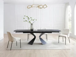 Maison Céphy Mesa Extensible|Mesa de comedor en vidrio templado, cerámica y metal - Efecto mármol - KAJARI