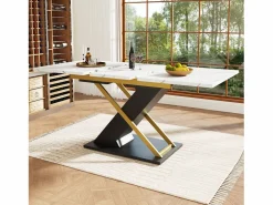 Hauss Spole Mesa Extensible|Mesa de comedor extensible para 6-8 personas 160x80cm, tapa chapada en mármol con patas cruzadas de metal dorado