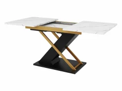 Hauss Spole Mesa Extensible|Mesa de comedor extensible para 6-8 personas 160x80cm, tapa chapada en mármol con patas cruzadas de metal dorado