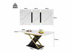 Hauss Spole Mesa Extensible|Mesa de comedor extensible para 6-8 personas 160x80cm, tapa chapada en mármol con patas cruzadas de metal dorado