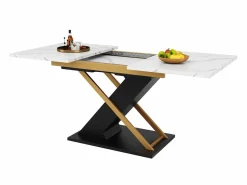 Hauss Spole Mesa Extensible|Mesa de comedor extensible para 6-8 personas 160x80cm, tapa chapada en mármol con patas cruzadas de metal dorado