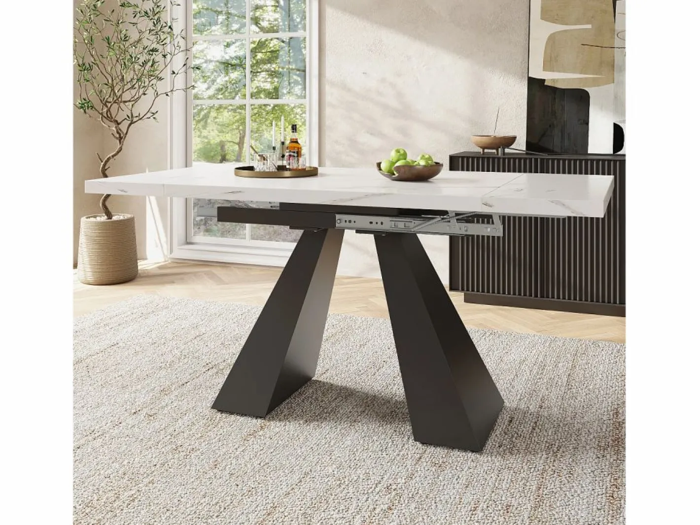 Merax Mesa Extensible|Mesa de comedor extensible - 99-159 x 74 x 77 cm - Tablero efecto mármol - MDF y metal - + negro