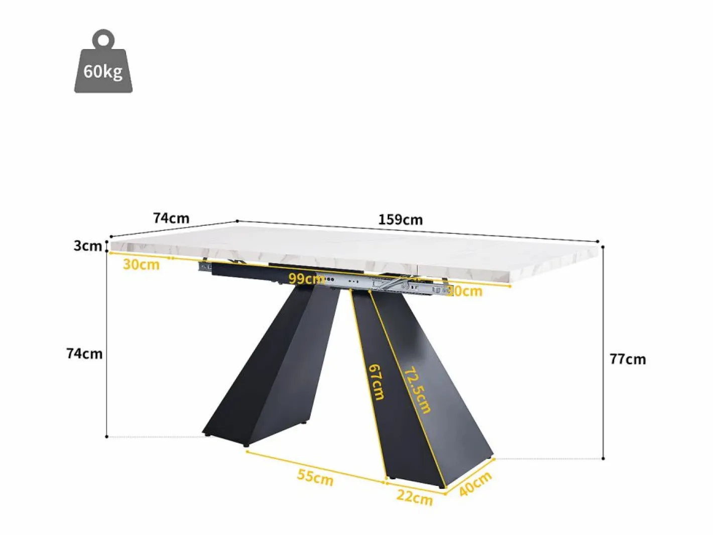 Merax Mesa Extensible|Mesa de comedor extensible - 99-159 x 74 x 77 cm - Tablero efecto mármol - MDF y metal - + negro