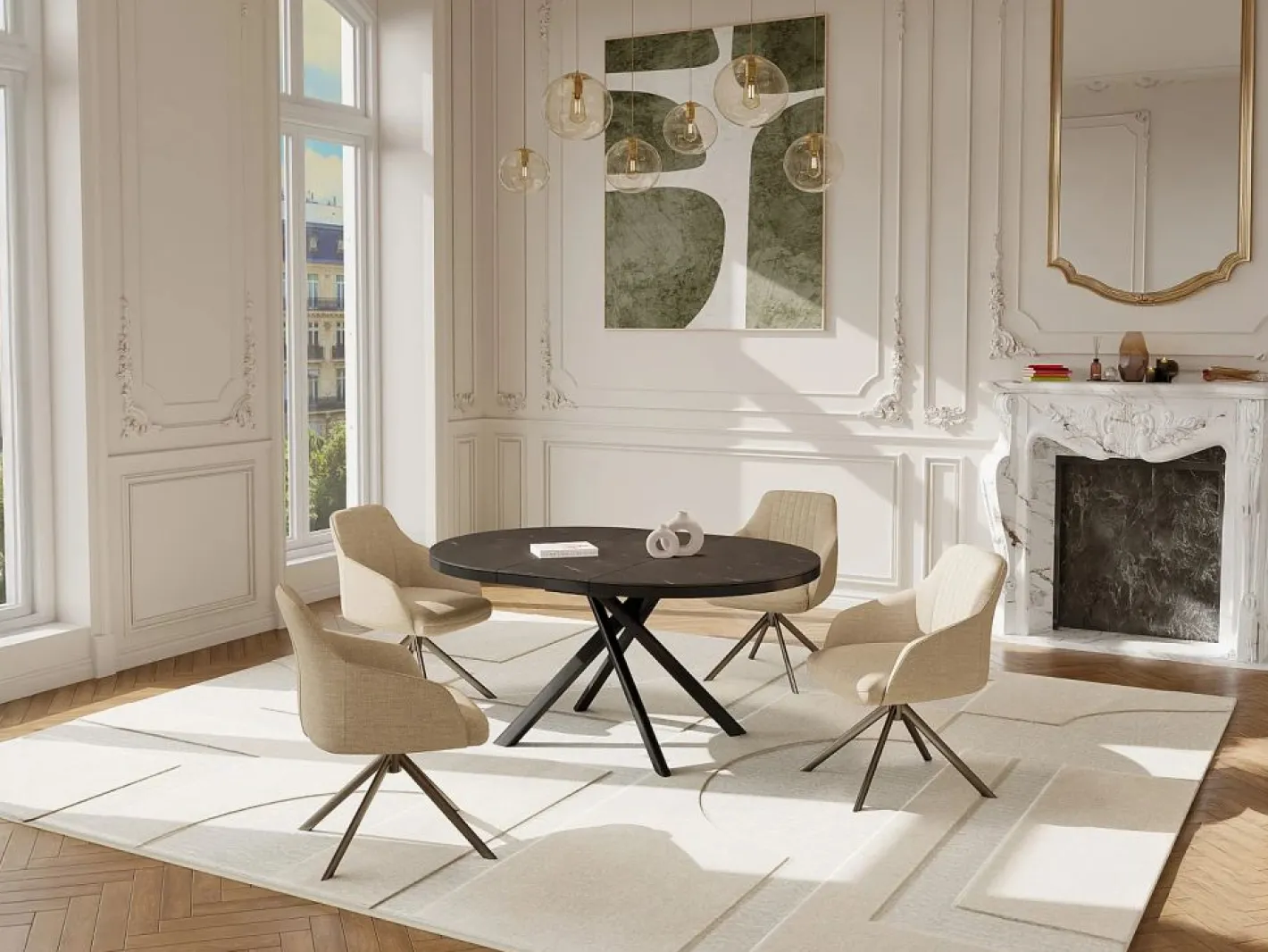 Vente-unique Mesa de comedor extensible para 4 a 6 personas en cerámica, MDF y metal - Efecto mármol marrón y gris - FEROLA Gris / Marru00f3n